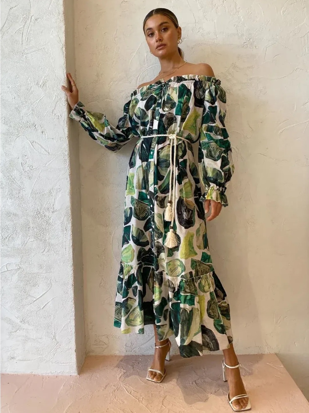 ALEMAIS Siena off the shoulder shirt dress in green